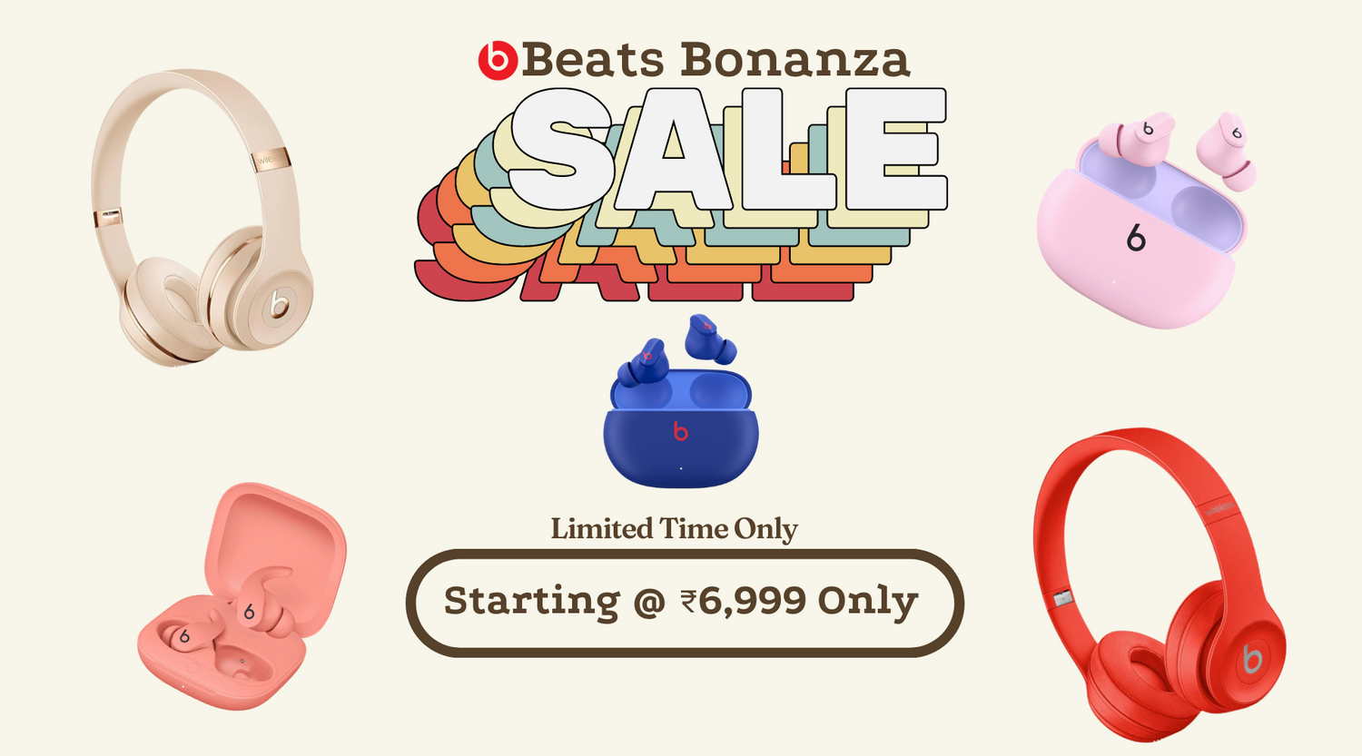 Beats Bonanza Sale promotional image featuring various Beats headphones and earphones in different colors, highlighting discounts and a starting price of ₹6,999 for a limited time.