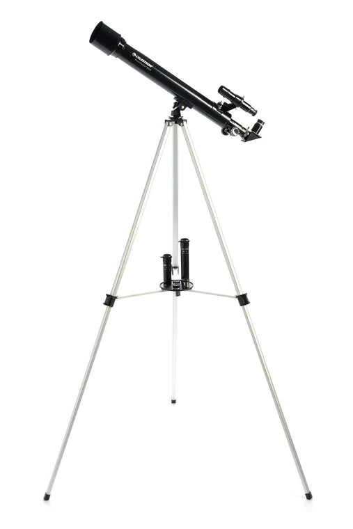 A Celestron PowerSeeker 50AZ telescope with a black cylindrical tube mounted on a silver altazimuth mount and tripod. The telescope is angled slightly upward for observation. A finderscope is mounted on top of the tube. The tripod provides stability and has adjustable legs for varying heights. The Celestron branding and model name "PowerSeeker 50AZ" are prominently displayed on the side of the tube. The setup is suitable for easy maneuverability and basic astronomical observation.