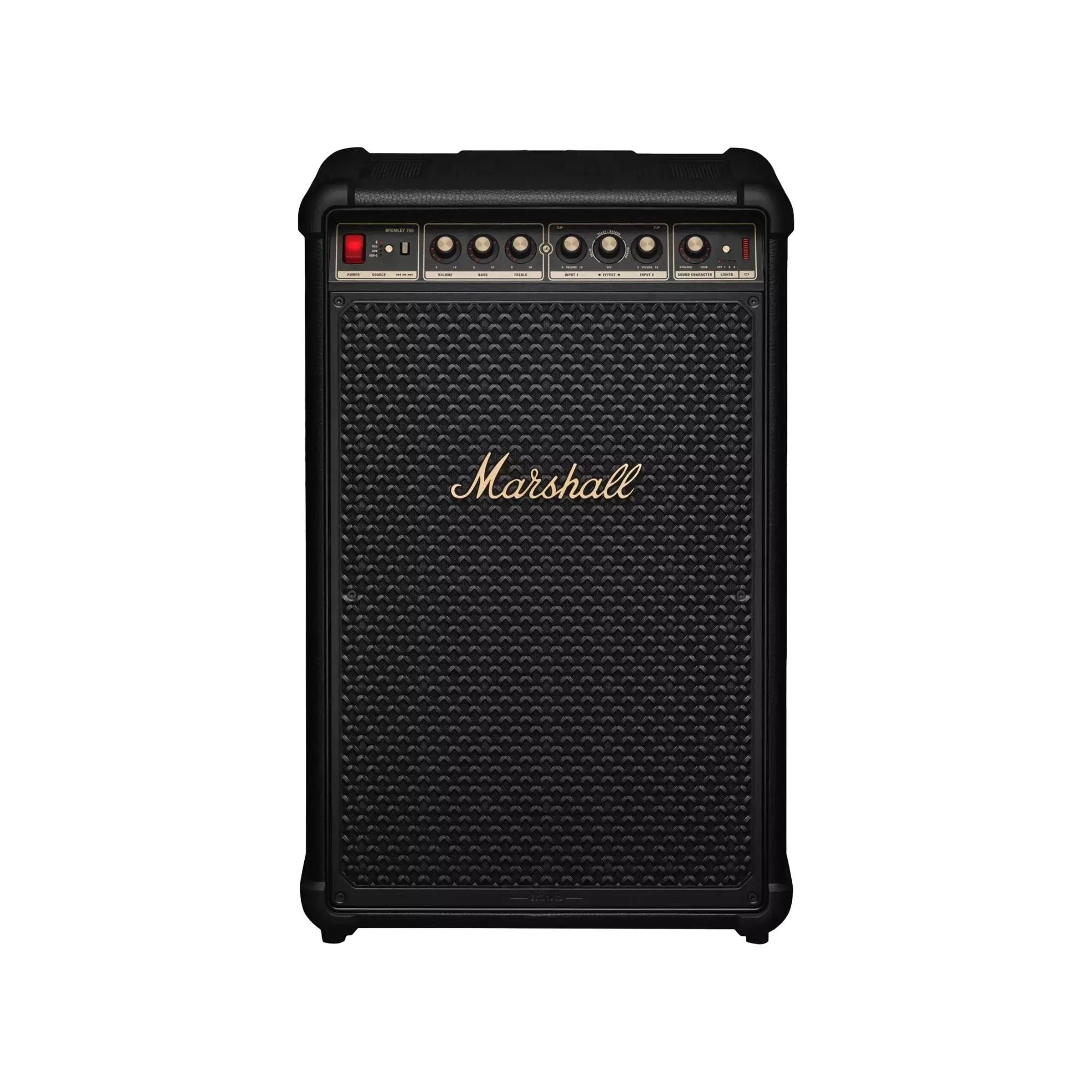 Marshall Bromley 750 portable party speaker in black and brass, front view on white background