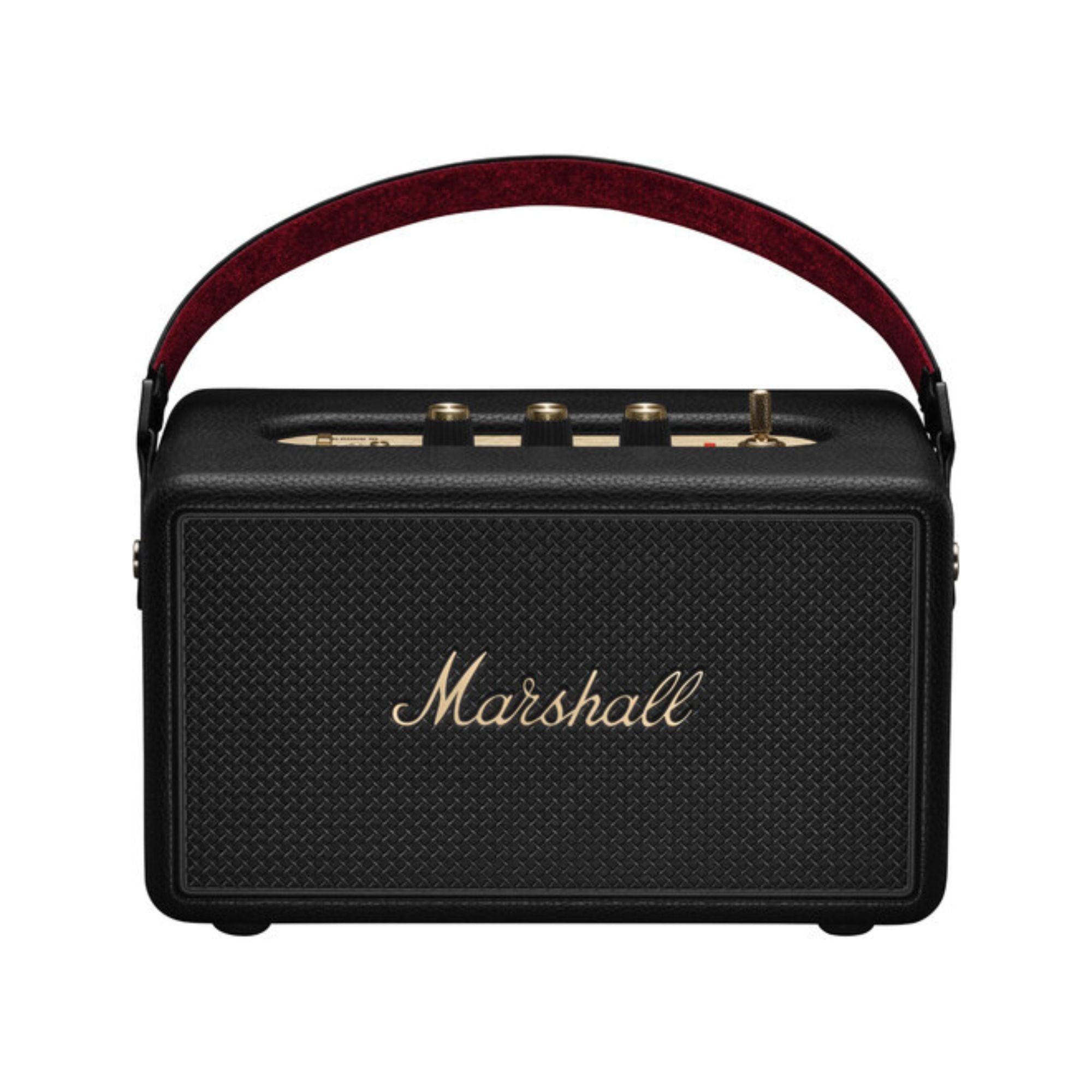 Marshall Kilburn III portable Bluetooth speaker in black and brass, front view on white background