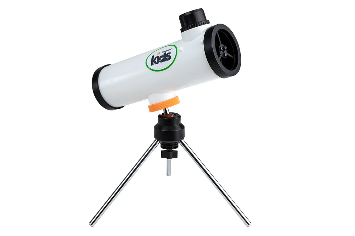 A Celestron Kids STEM 50mm Newtonian Telescope with a white cylindrical tube mounted on a small tripod. The telescope features an eyepiece at the top for easy viewing, designed specifically for children. The Celestron Kids branding is prominently displayed on the side of the tube.