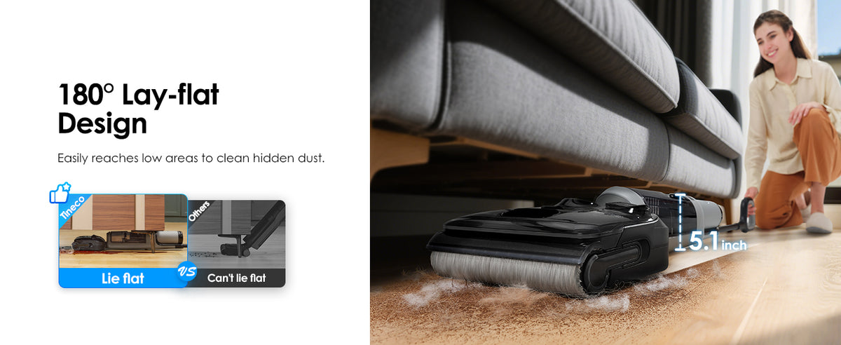 Tineco i5 Stretch 180 degree lay-flat design reaching under furniture