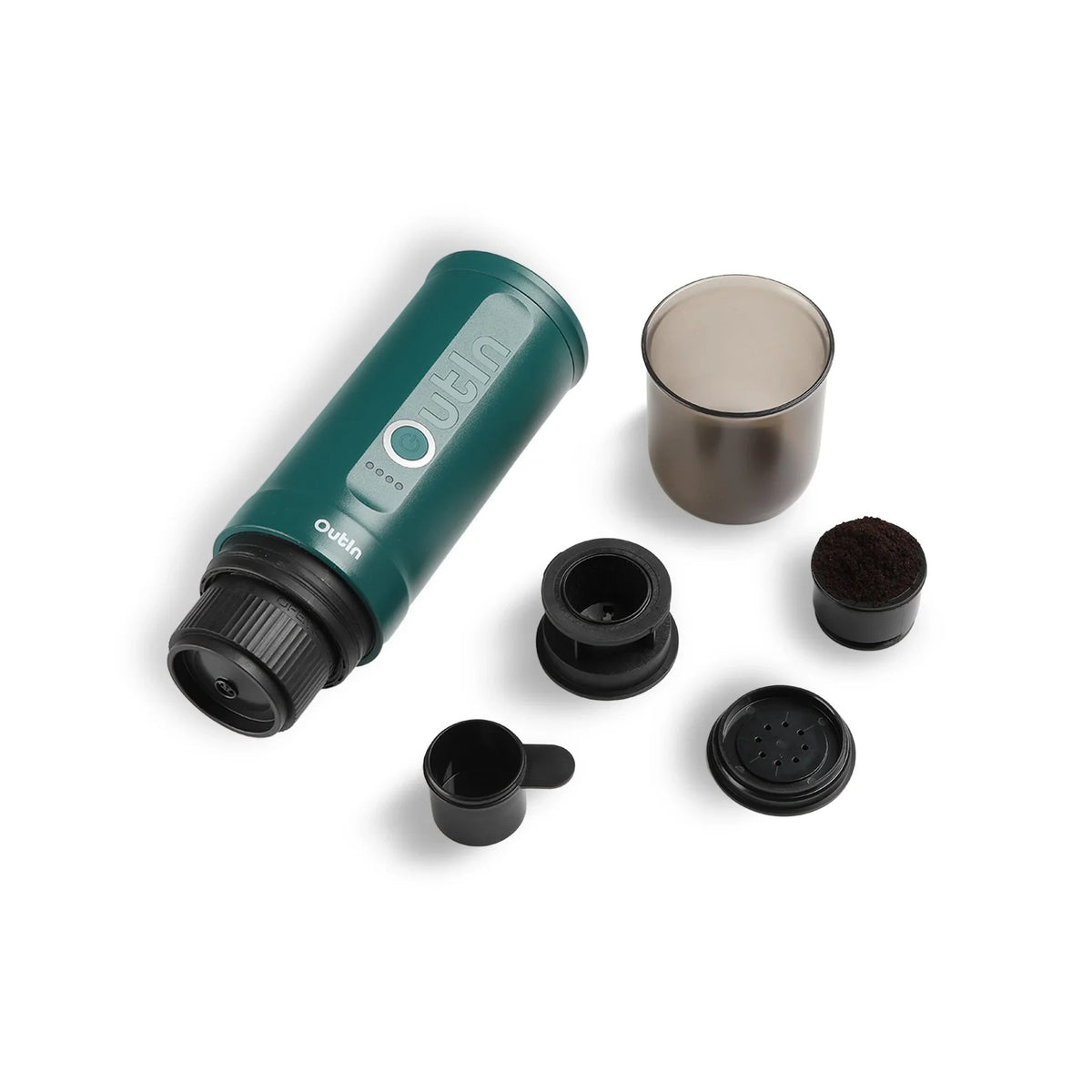 OutIn Nano OutIn Teal with accessories: capsule adapter, grounds basket, scoop and cup