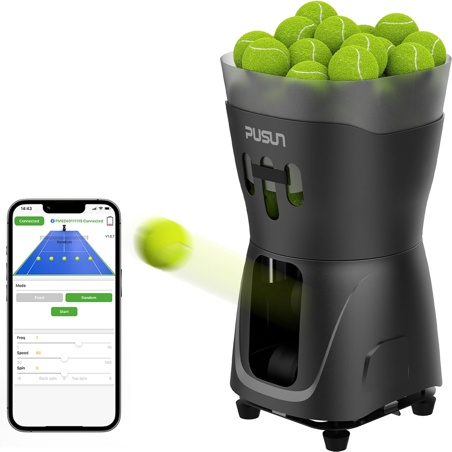 This image showcases a tennis ball machine by PUSUN, which is app-controlled, allowing users to customize modes, speeds, spins, and shot frequencies, delivering precision training with a large ball capacity.