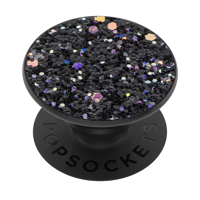 PopSockets Sparkle Black PopGrip featuring a top covered in black glitter with multicolored reflective sparkles. The base of the PopGrip is black with the word "POPSOCKETS" embossed on it. The sparkling effect adds a vibrant and eye-catching appearance to the PopGrip.