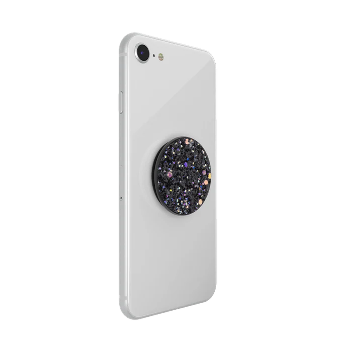 White smartphone with a PopSockets Sparkle Black PopGrip attached to the back. The PopGrip features a top covered in black glitter with multicolored reflective sparkles. The phone is shown from the back at a slight angle, highlighting the PopGrip in its collapsed position.