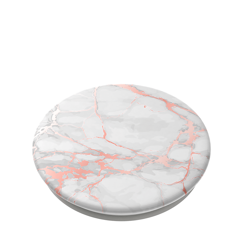 A close-up view of a PopSockets PopGrip with a Rose Gold Lutz Marble design. The grip features a white and light grey marble pattern with rose gold veining.