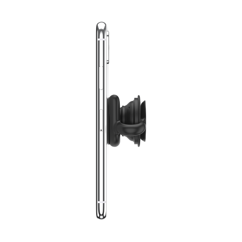 Side view of a smartphone mounted on a black PopSockets PopMount G4 SF. The mount securely attaches to the back of the phone, holding it in an upright position. The sleek design of the mount ensures a stable and low-profile setup, ideal for hands-free use on various surfaces.