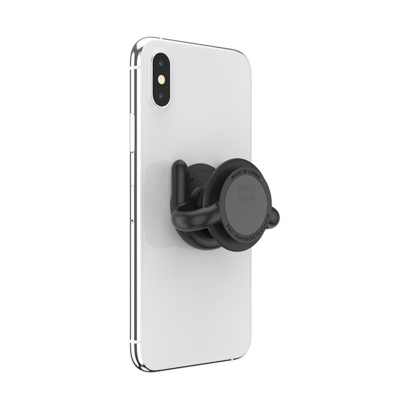 A white smartphone mounted on a black PopSockets PopMount G4 SF, shown from the back. The mount is securely attached to the phone, holding it in an upright position. The sleek design of the mount ensures a stable and low-profile setup, ideal for hands-free use on various surfaces. The PopSockets logo and model information are visible on the back of the mount.