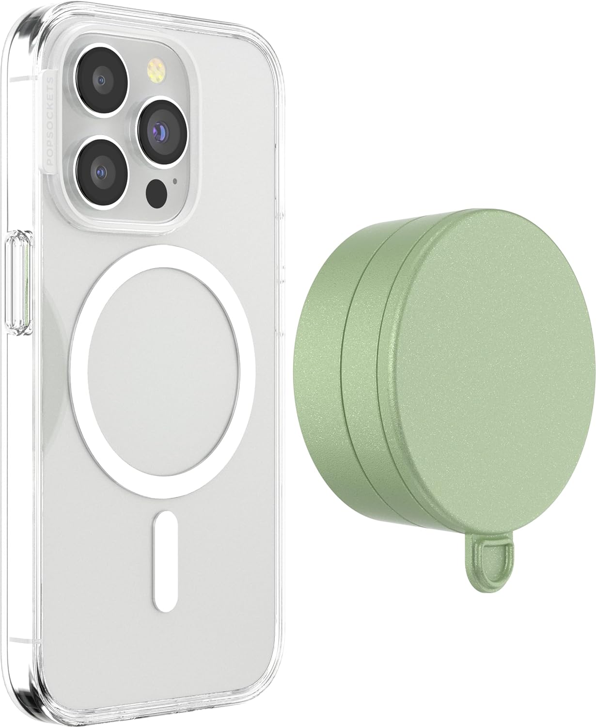 A smartphone with a clear case is shown next to an eucalyptus green PopSockets Suction Mount for MagSafe. The phone's back displays the MagSafe alignment ring, indicating its compatibility with MagSafe accessories. The mount is positioned beside the phone, highlighting its circular design and fresh eucalyptus green color. The clear case allows visibility of the phone's details and the MagSafe ring, emphasizing the mount's functional and stylish design.