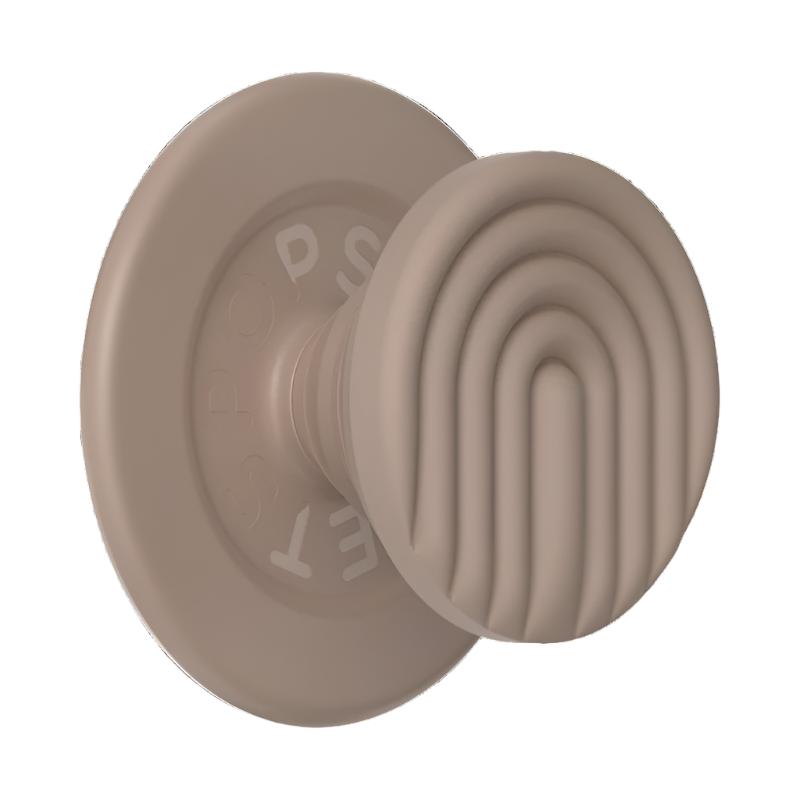 Close-up view of the PopOut Latte Curves PopGrip for MagSafe, featuring a latte-colored design with curved lines. The grip is extended, showcasing its stylish and functional form, designed to provide a secure hold for smartphones