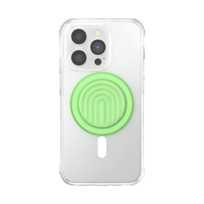 A clear phone case is shown attached to a smartphone with a PopOut Curves Matcha Dew PopGrip for MagSafe. The PopGrip, featuring a light green color with curved lines, is centered on the back of the phone case, providing a secure and stylish hold for the device