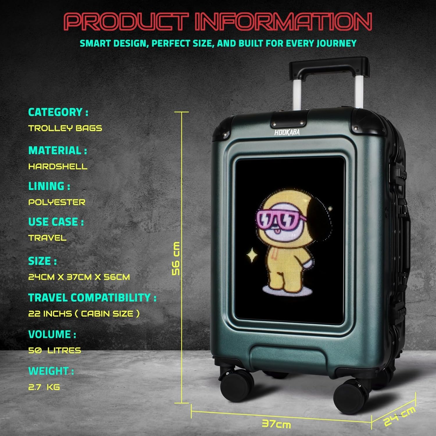 Hookaba Strodder LED Trolley Black – 22″ Cabin-Size 49.7 L Smart Luggage with 96×128-Pixel Removable LED Display
