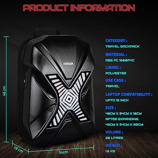 Hookaba Xross Rage LED Backpack 28L (Black) | Motorcycle Riding Bag With Programmable Screen