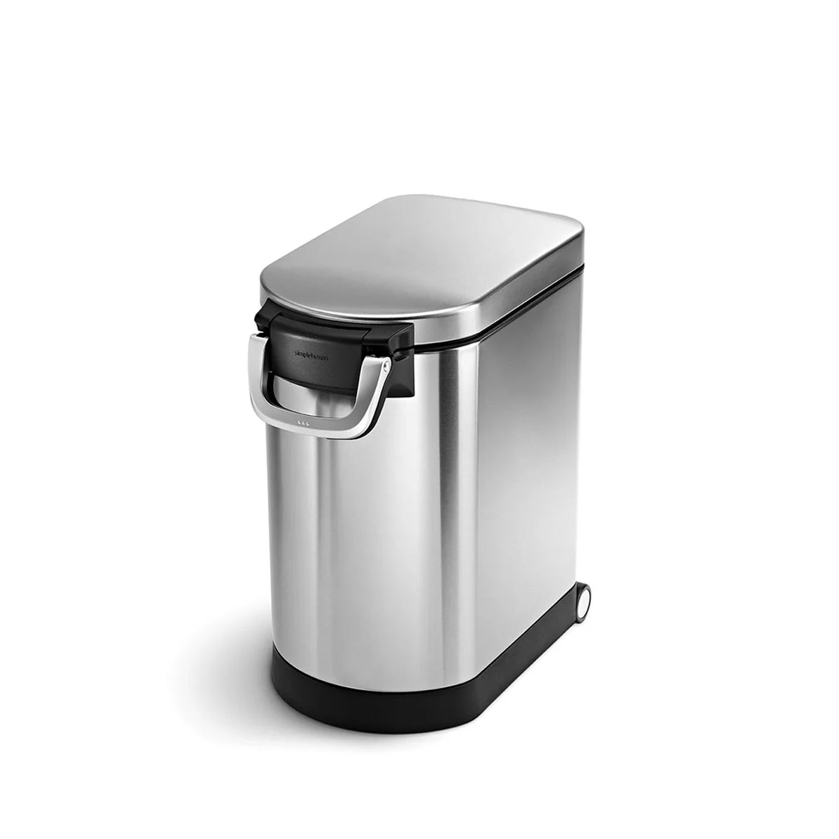 The image shows a rectangular stainless steel trash can with a sleek, polished finish. The trash can features a flat-top lid and a sturdy, integrated black handle on the front for easy opening and closing. It also has a black base with small wheels on the back, allowing for convenient mobility. The overall design is modern and functional, making the trash can an ideal choice for kitchens, offices, or other spaces where a practical and stylish waste management solution is needed. The clean lines and durable