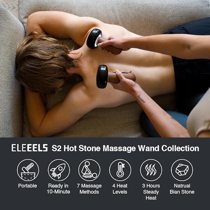 An ELEEELS S2 Hot Stone Massage Wand being used on a person's back, highlighting its portability and effectiveness. The features listed include portability, 10-minute readiness, 7 massage methods, 4 heat levels, 3 hours of steady heat, and natural bian stone construction, emphasizing its advanced functionality and user convenience.