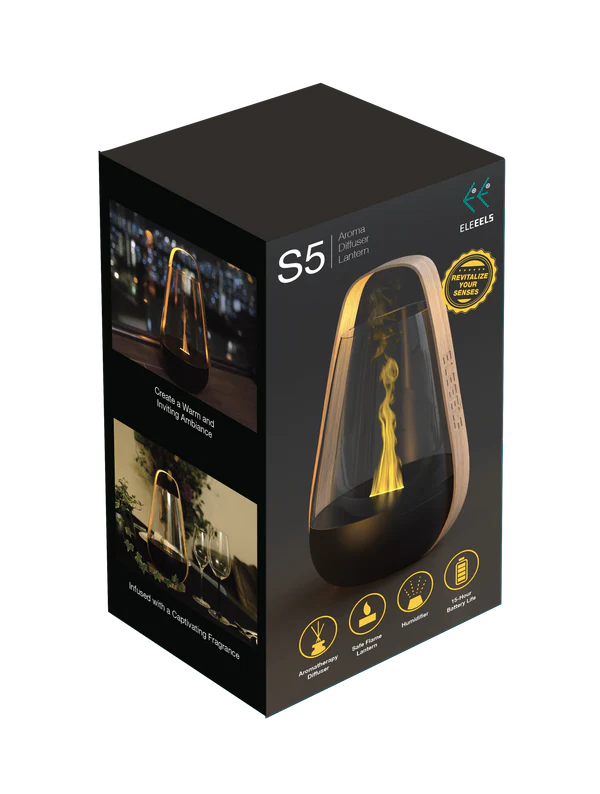 A product packaging box for an ELEEELS device with a sleek black design. The box displays images of the product, resembling a decorative lamp with a flame-like illumination, suitable for relaxation or ambiance. Key features and specifications are listed on the side, along with QR codes and certification logos like CE and RoHS. The packaging emphasizes a modern and elegant aesthetic, ideal for home or lifestyle settings.