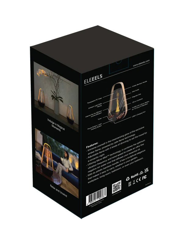 A product packaging box for an ELEEELS device with a sleek black design. The box displays images of the product, resembling a decorative lamp with a flame-like illumination, suitable for relaxation or ambiance. Key features and specifications are listed on the side, along with QR codes and certification logos like CE and RoHS. The packaging emphasizes a modern and elegant aesthetic, ideal for home or lifestyle settings.