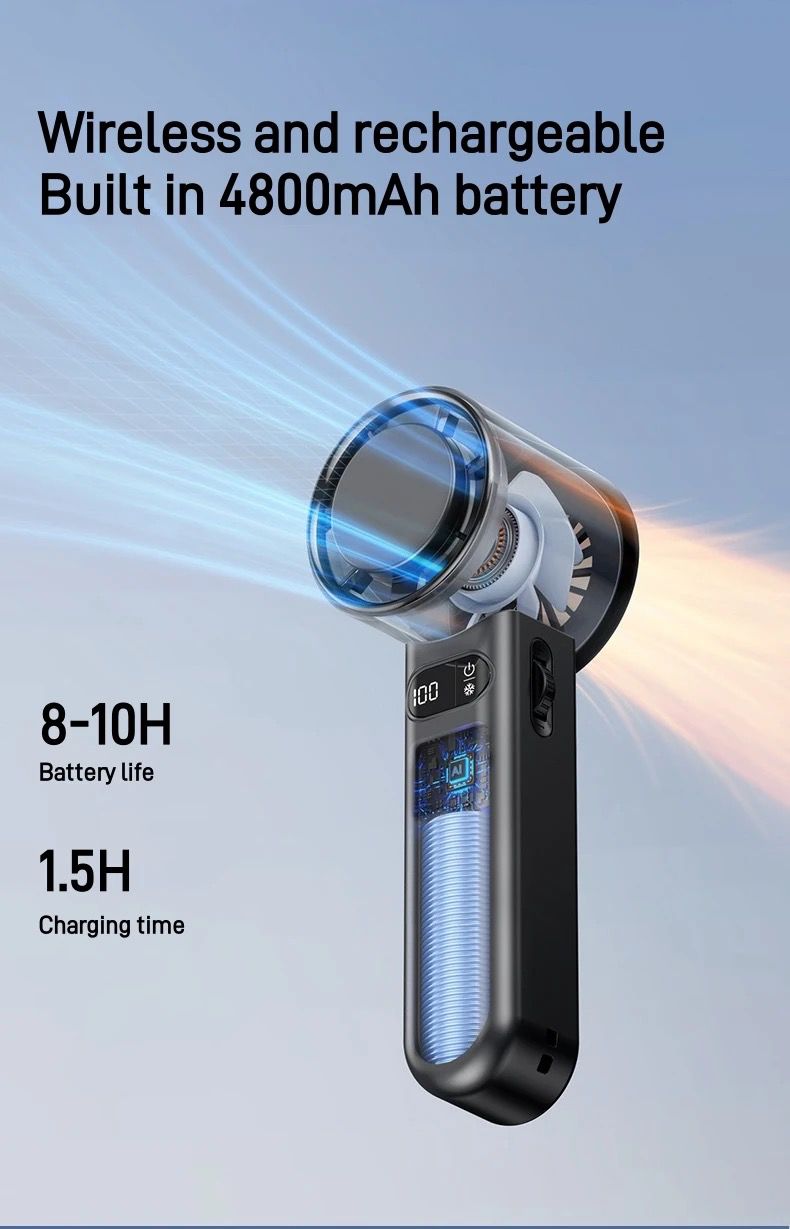 8-10 Hours Battery Life: The fan offers long usage time on a full charge, making it ideal for extended use. 1.5 Hours Charging Time: The fan quickly recharges, minimizing downtime between uses.