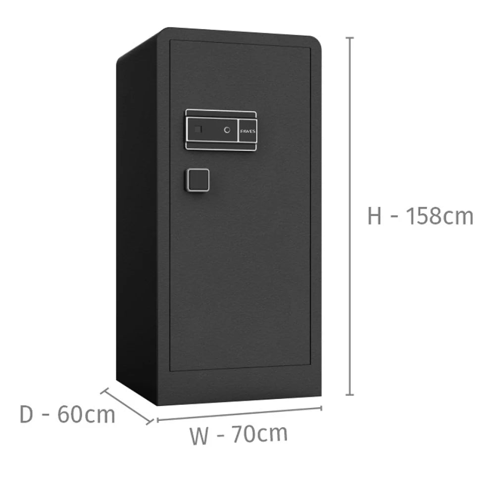 A black, rectangular safe with a minimalist design. It has a digital keypad and handle on the front. The dimensions of the safe are indicated as follows: height (H) is 158 cm, width (W) is 70 cm, and depth (D) is 60 cm