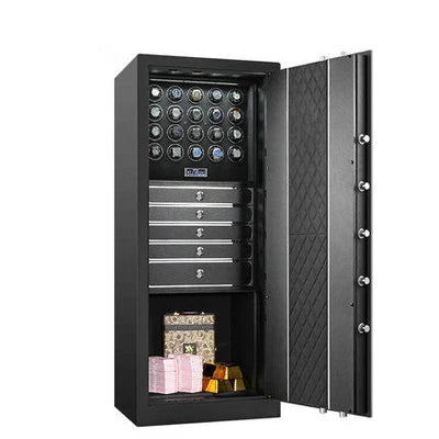 A large, open safe featuring a sleek black interior. The top section includes twenty watch winders with some holding watches. Below the watch winders are five drawers with sleek metallic handles for organized storage. The bottom section contains stacks of cash, gold bars, and a decorative box. The interior of the door has a quilted pattern with visible locking bolts, emphasizing both security and style.