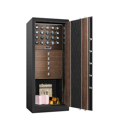 A large, open safe with a black exterior and a wood-grain interior. The top section features twenty watch winders with some holding watches. Below the watch winders are five wooden drawers with sleek metallic handles for organized storage. The bottom section contains stacks of cash, gold bars, and a decorative box. The interior of the door has a quilted pattern with visible locking bolts, emphasizing both security and elegance.