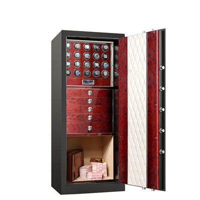 An elegant watch safe stands open, revealing its luxurious interior. The inside is lined with rich, red wood and features multiple rows of watch winders capable of holding and winding numerous watches. Below the watch winders are several drawers with chrome knobs for additional storage