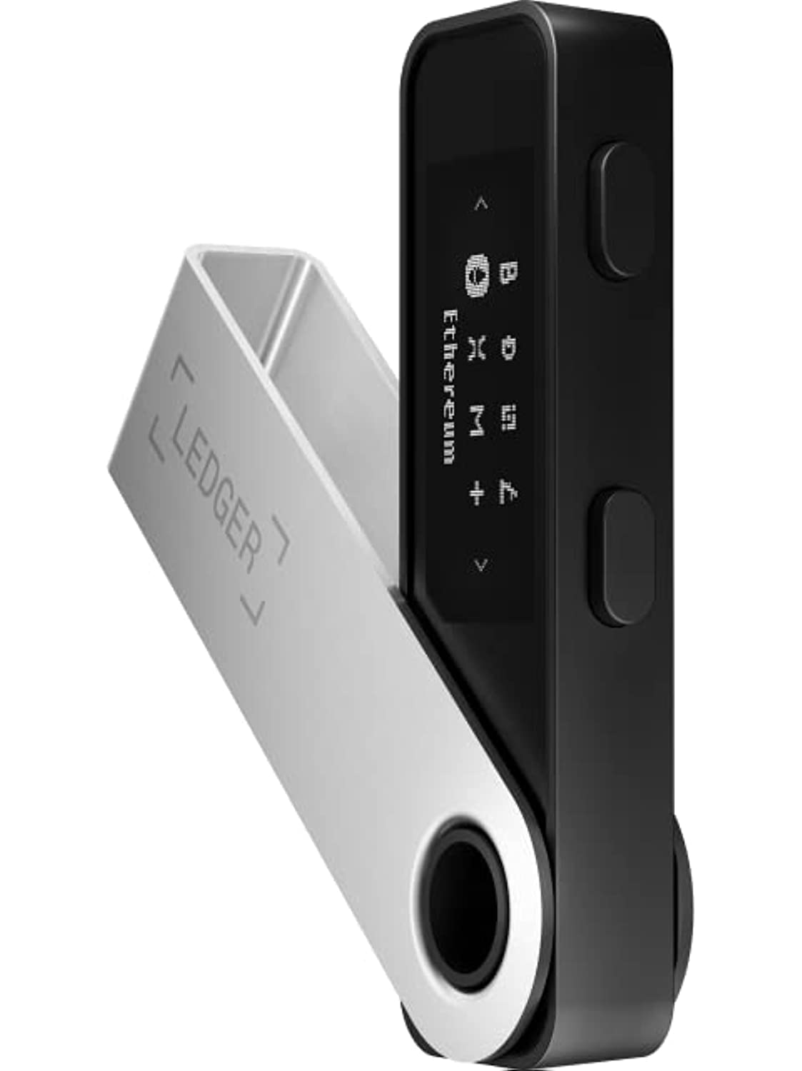 This image shows a Ledger Nano S, a popular cryptocurrency hardware wallet. The device features a sleek design with a small display and two buttons on the front. The wallet is partially enclosed in a protective metallic cover, which can be rotated to expose or shield the device. The display on the device shows icons and text related to cryptocurrency management, including a partial view of the word "Ethereum." The Ledger logo is etched onto the metallic cover. This hardware wallet is used to securely store