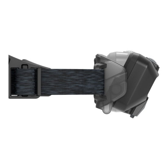 Side close-up view of a LED Lenser headlamp, focusing on the adjustable strap and the secure connection to the lamp unit, highlighting the durable construction and ergonomic design.