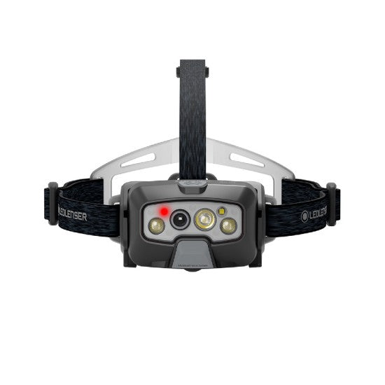 Front view of the LED Lenser headlamp, showcasing its advanced lighting system with multiple LEDs, including red and white lights, integrated into a durable and adjustable headband for hands-free illumination during various activities.