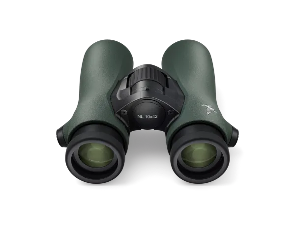 A front-facing view of Swarovski Optik NL 10x42 binoculars, showcasing the green barrels, central focus wheel, and wide eyepieces designed for precision viewing.