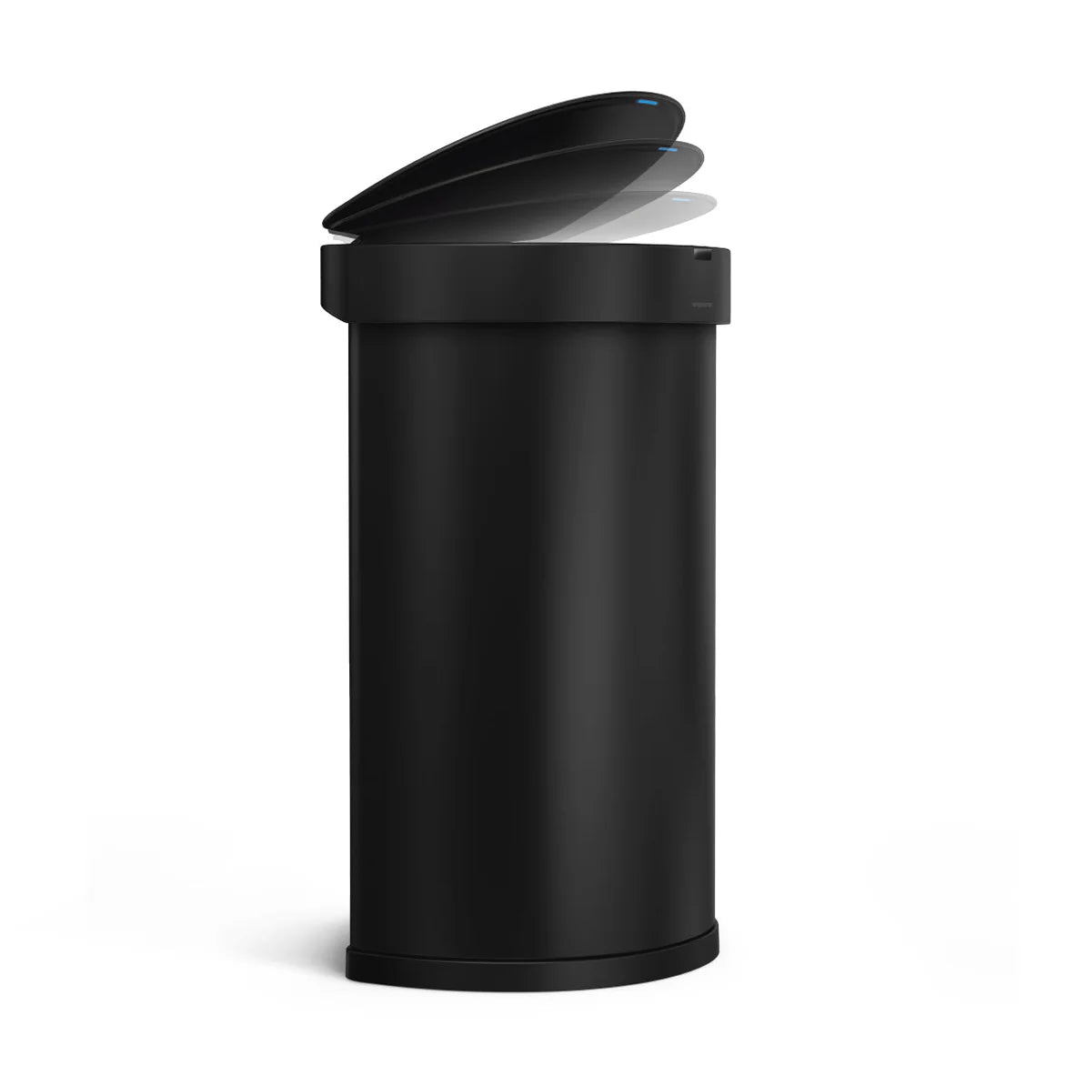 The image shows a Simplehuman black cylindrical trash can with a sensor-activated lid. The lid is depicted in various stages of opening, illustrating its motion-activated feature. The trash can has a sleek, minimalist design with a round body and a flat, smooth surface, characteristic of Simplehuman’s modern aesthetic. The lid's motion is likely powered by a sensor mechanism, which allows it to open hands-free, enhancing convenience and hygiene.