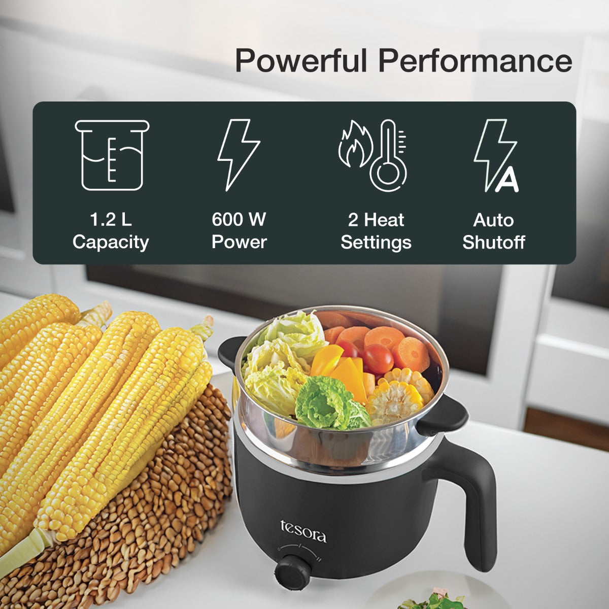 Tesora Portable Multicook Electric Kettle With Steamer 1.2 Ltr