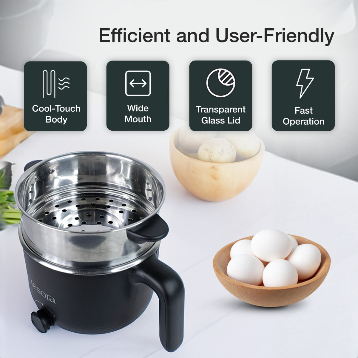 Tesora Portable Multicook Electric Kettle With Steamer 1.2 Ltr