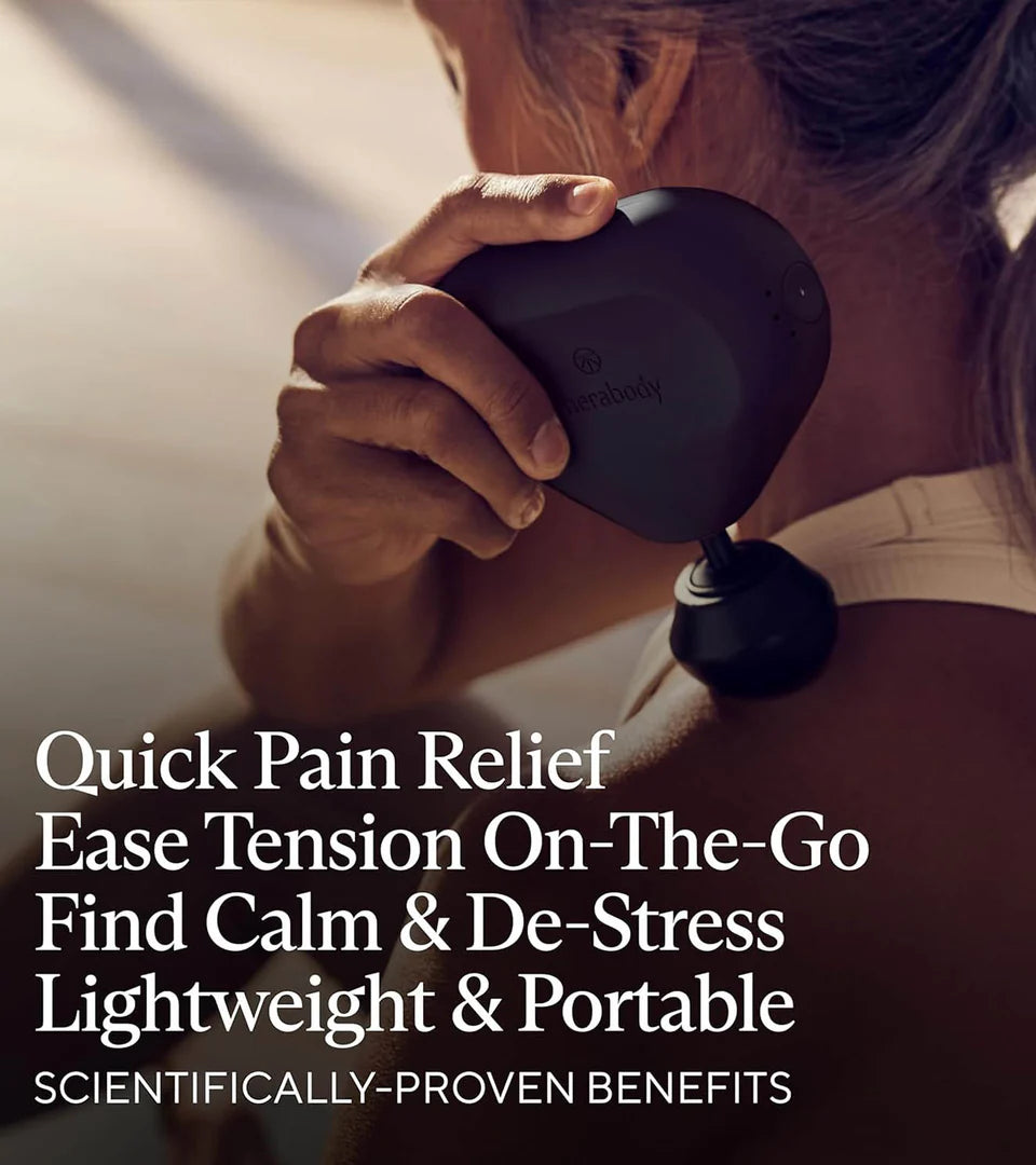 A person using a compact Therabody massage device on their upper back, promoting quick pain relief, tension easing, and relaxation. The text highlights its lightweight, portable design and scientifically proven benefits for stress relief.