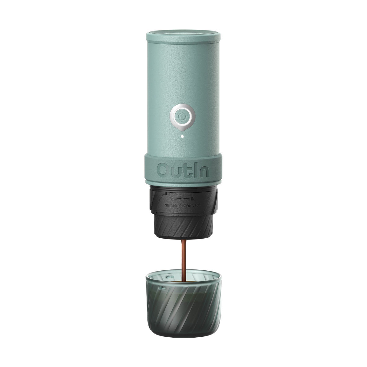 OutIn Mino Canyon Green exploded view brewing espresso, capsule and grounds adapters