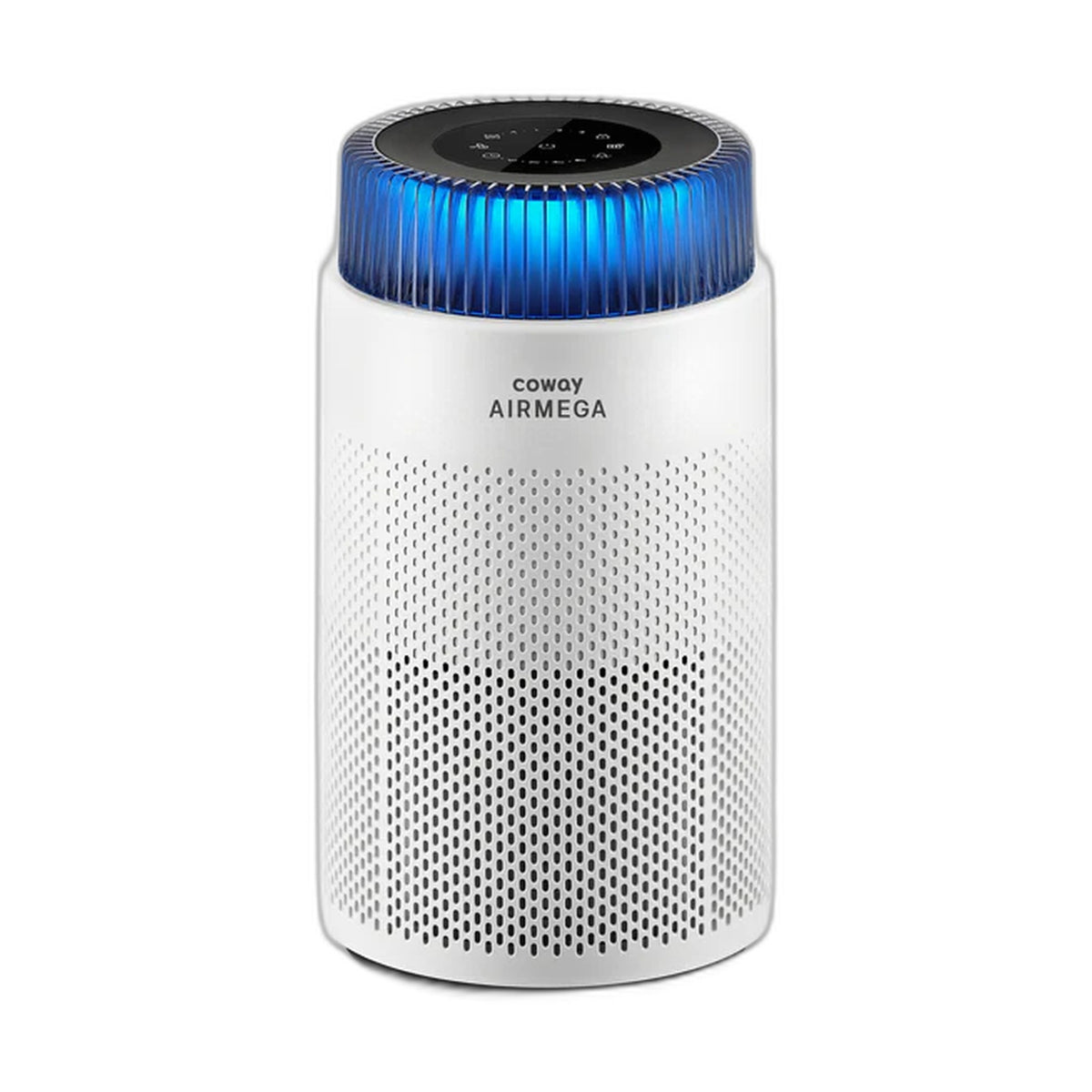 Coway Airmega 100 AP-0823E air purifier with touch control panel and blue AQI light