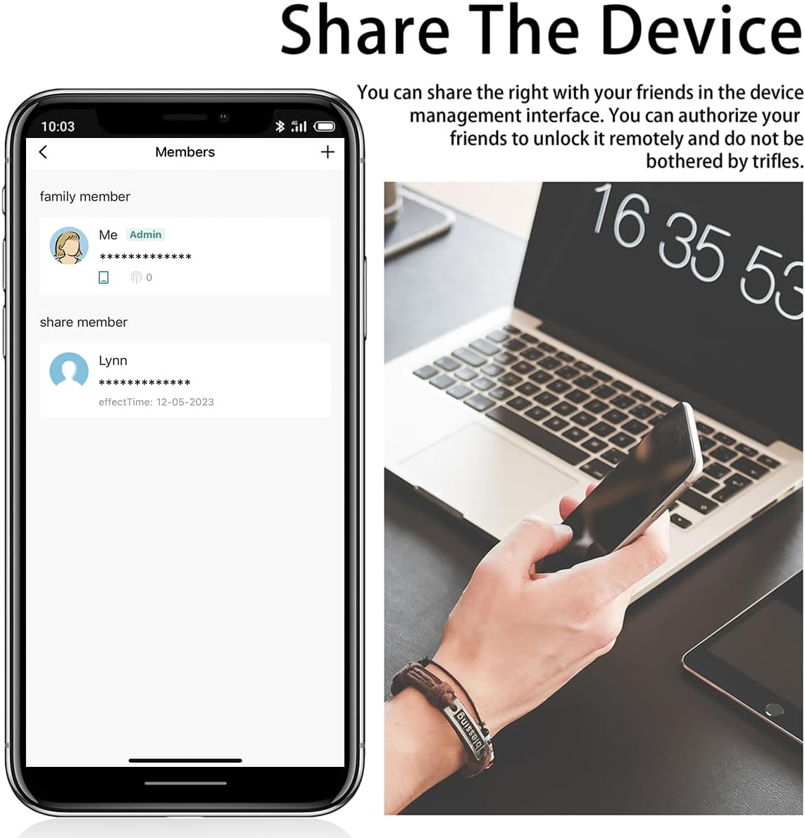 The image demonstrates the feature of sharing access to the fingerprint padlock via a smartphone app. On the left, a phone screen shows the app's "Members" interface, where users can share the lock with family members or friends, giving them access. On the right, a person is shown using their smartphone, emphasizing the convenience of managing and sharing device access remotely. The text highlights the ability to authorize others to unlock the padlock without needing to be physically present.