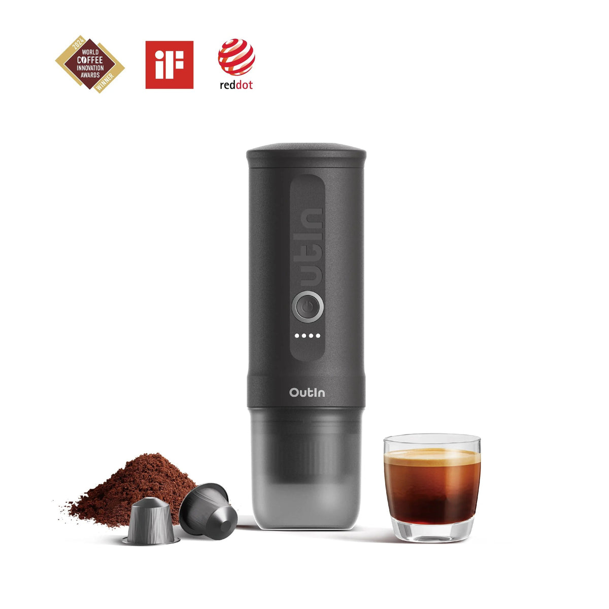 OutIn Nano Space Grey portable espresso machine with capsules, grounds and espresso