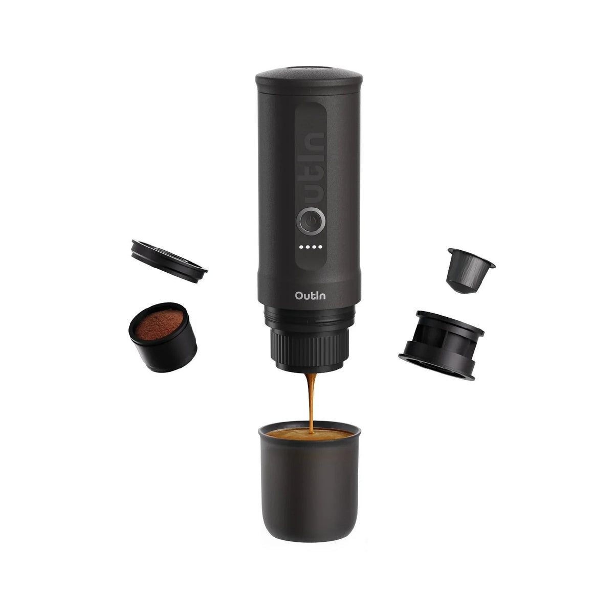OutIn Nano Space Grey brewing espresso, exploded view of capsule and ground coffee parts