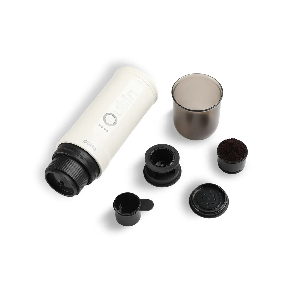 OutIn Nano Pearl White with accessories: capsule adapter, grounds basket, scoop and cup