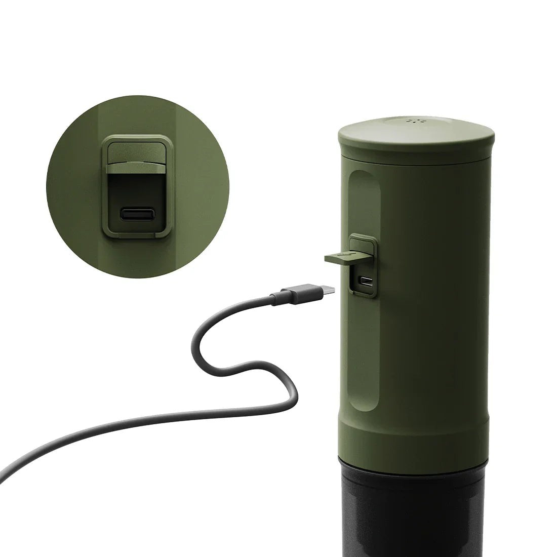 OutIn Nano Forest Green USB-C charging port close-up