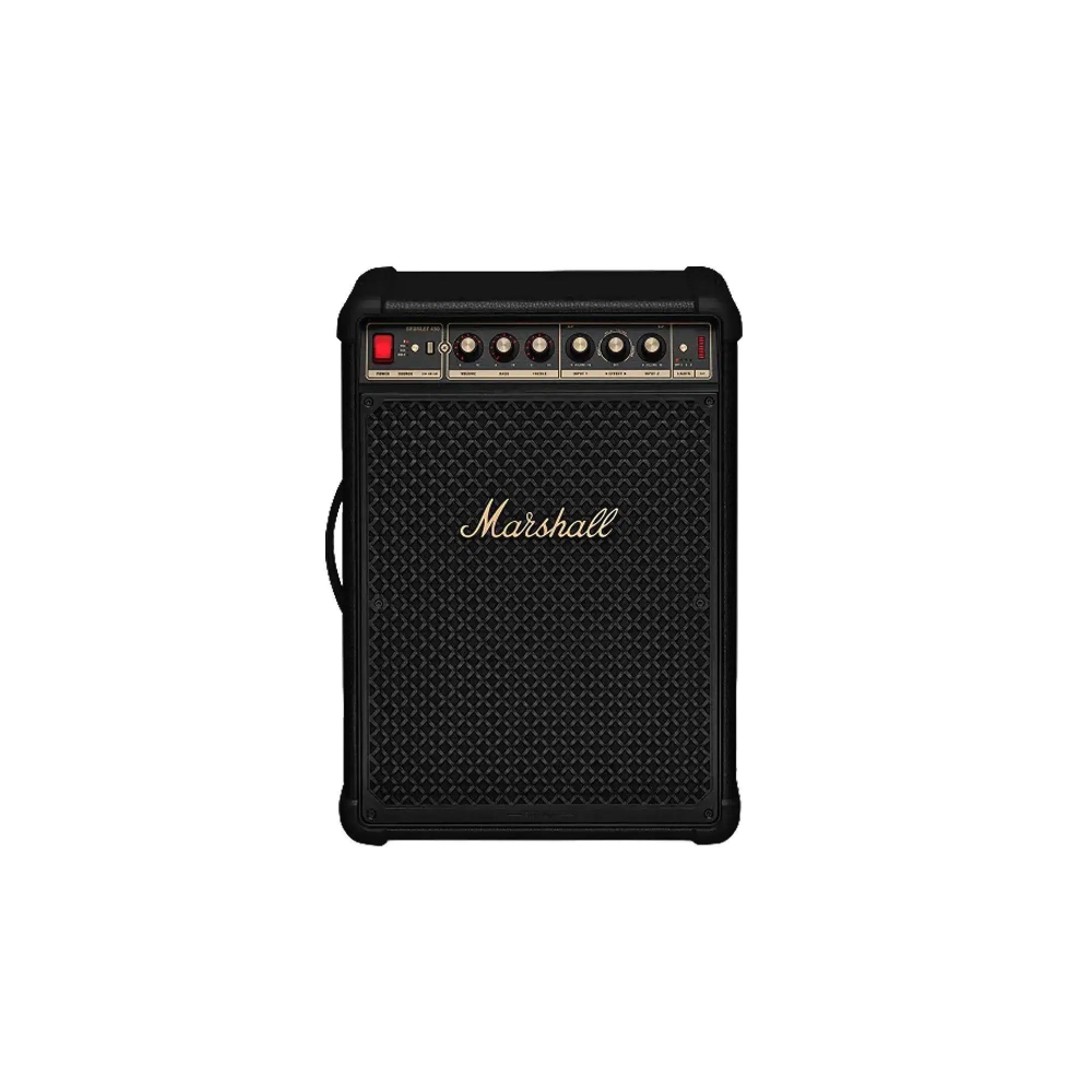 Marshall Bromley 450 portable party speaker in black and brass with carry handle and control knobs, front view on white background