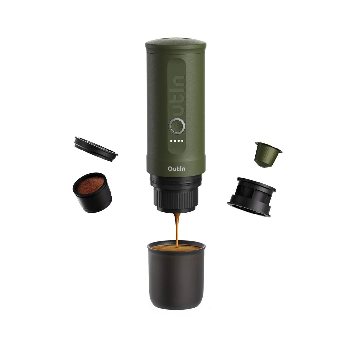 OutIn Nano Forest Green brewing espresso, exploded view of capsule and ground coffee parts