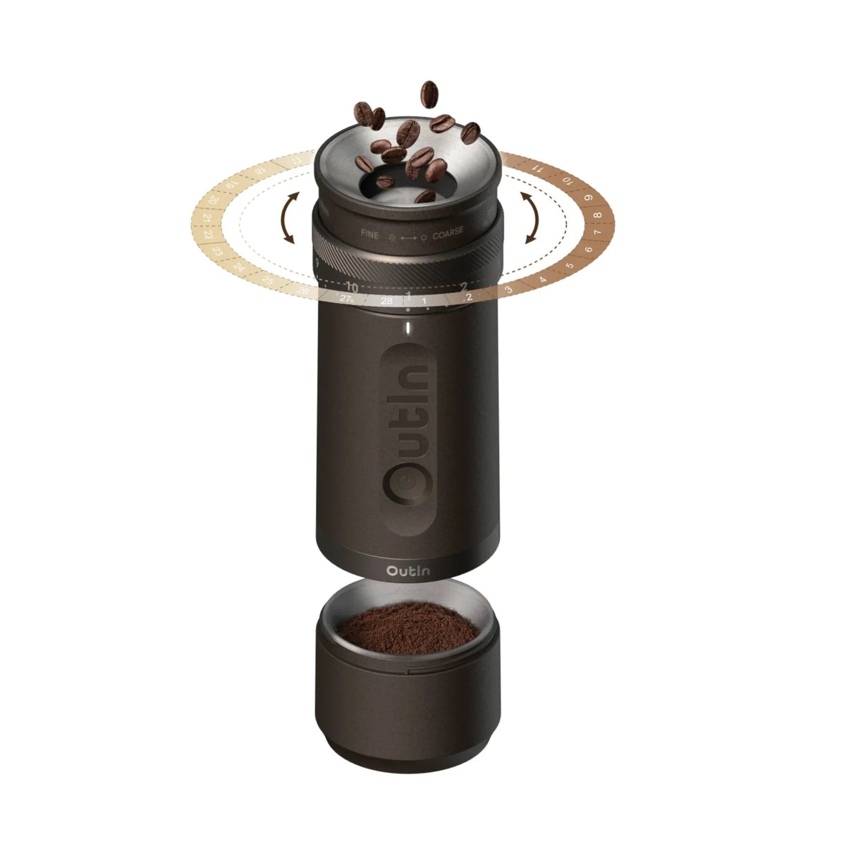 OutIn Fino Tundra Brown grinder with 28-step dial and beans