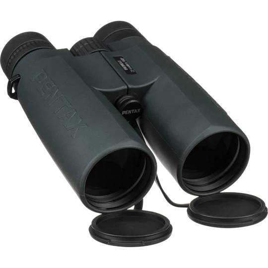 Pentax Z-Series WP binoculars with green rubberized body and attached lens caps designed for outdoor use