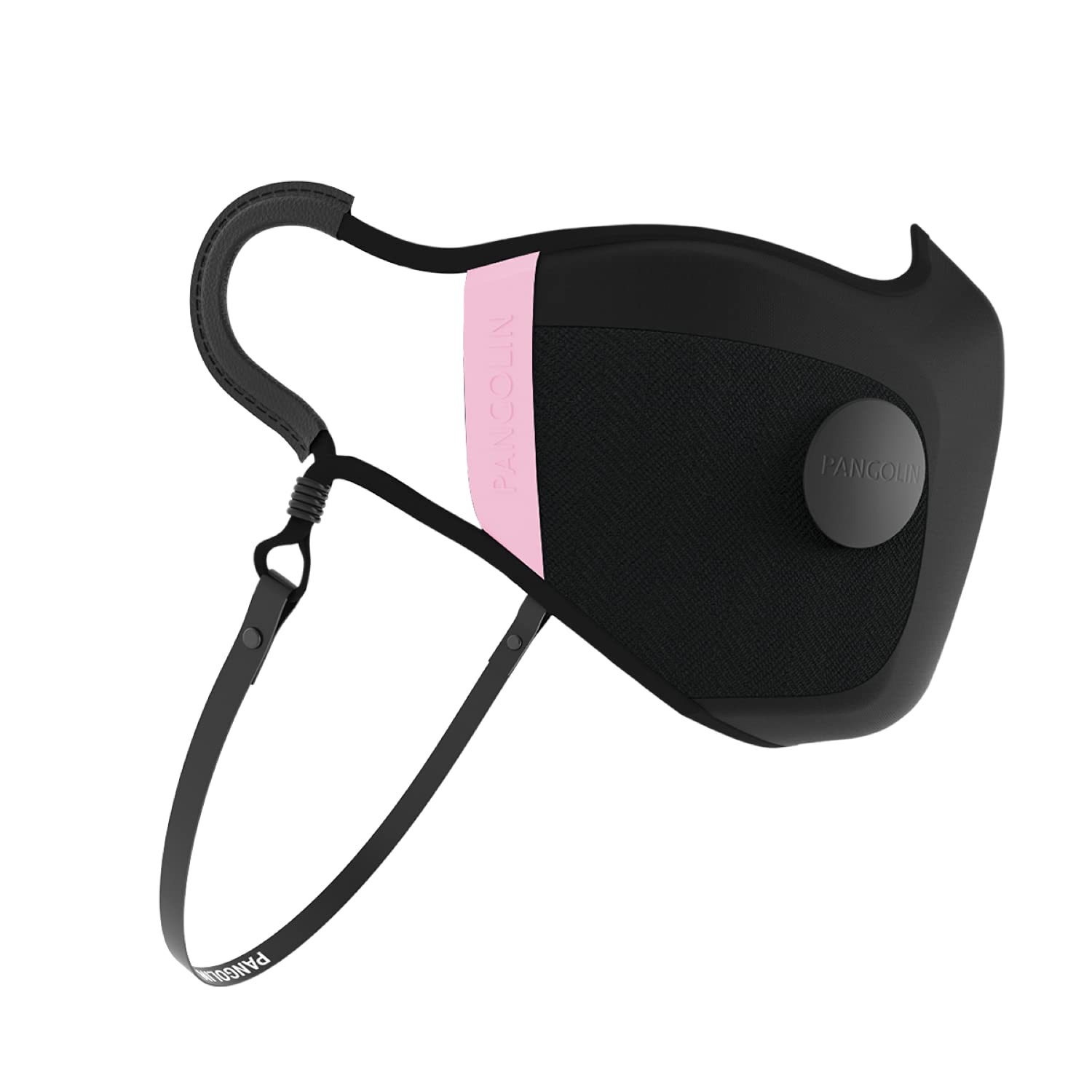 Pangolin ergonomic face mask with adjustable strap and black and pink design.