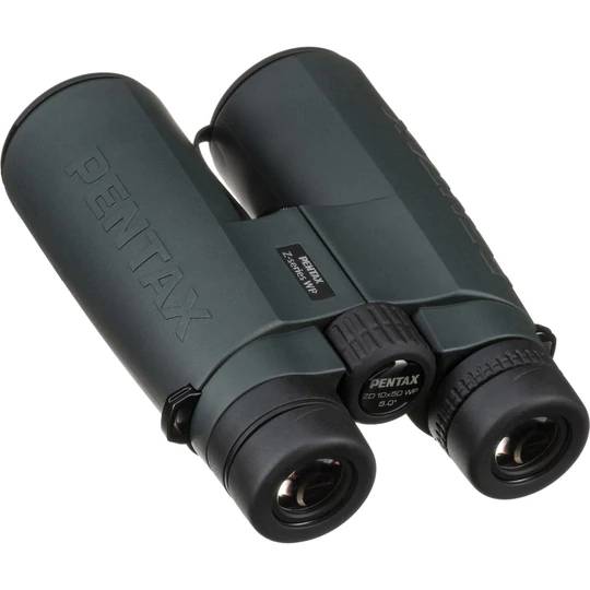 Pentax Z-Series WP binoculars with green rubberized body viewed at an angle showing eyepieces and focus knob