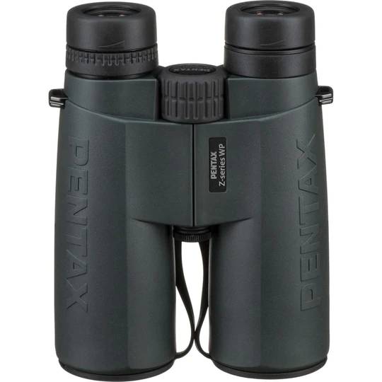 Pentax Z-Series WP binoculars with green rubberized body viewed from the front showing objective lenses and focus knob