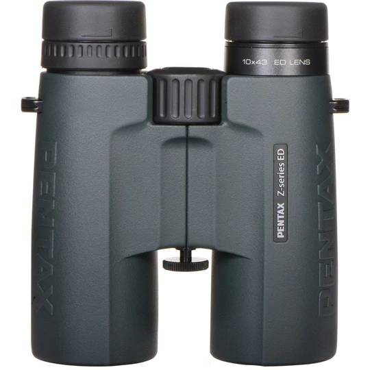 Front view of Pentax 10x43 Z-Series ZD ED binoculars featuring ED lenses for enhanced clarity and brightness ideal for birdwatching and outdoor adventures